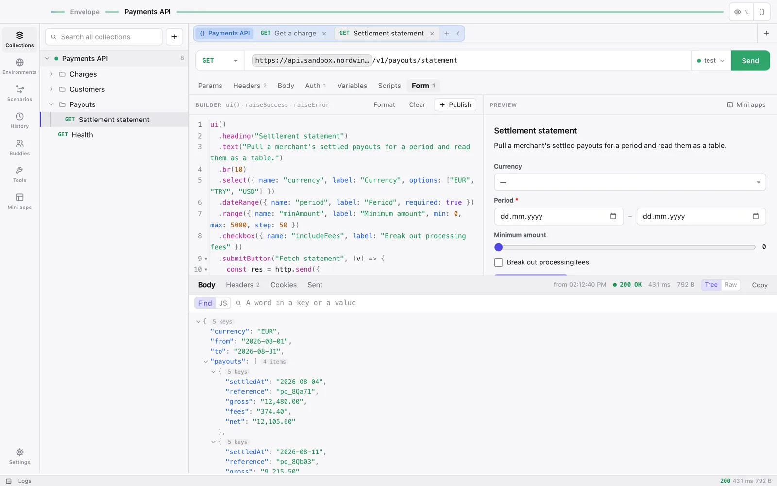 An endpoint as a small app — a few lines of script describe the controls, and the preview is the real thing