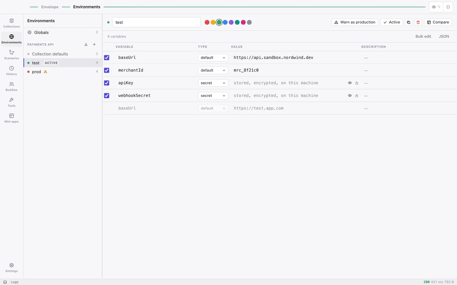 Environments in one place, with secrets encrypted on your machine and never written into the collection