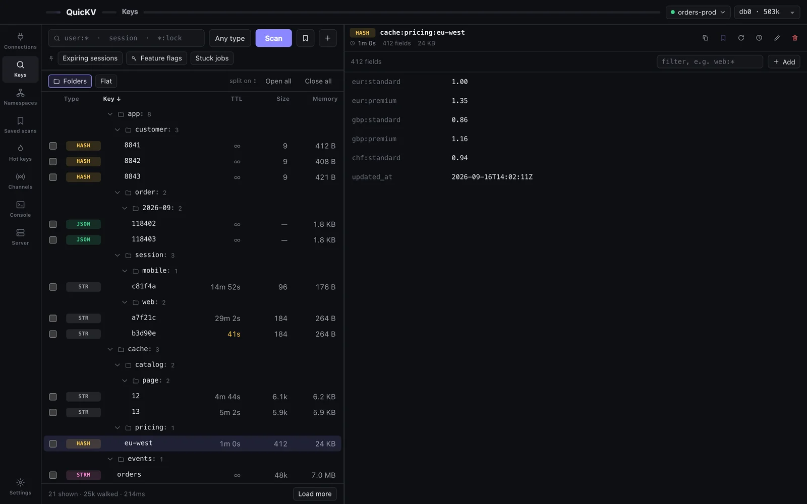 A typed editor per value type, paged — here a hash, in the dark theme